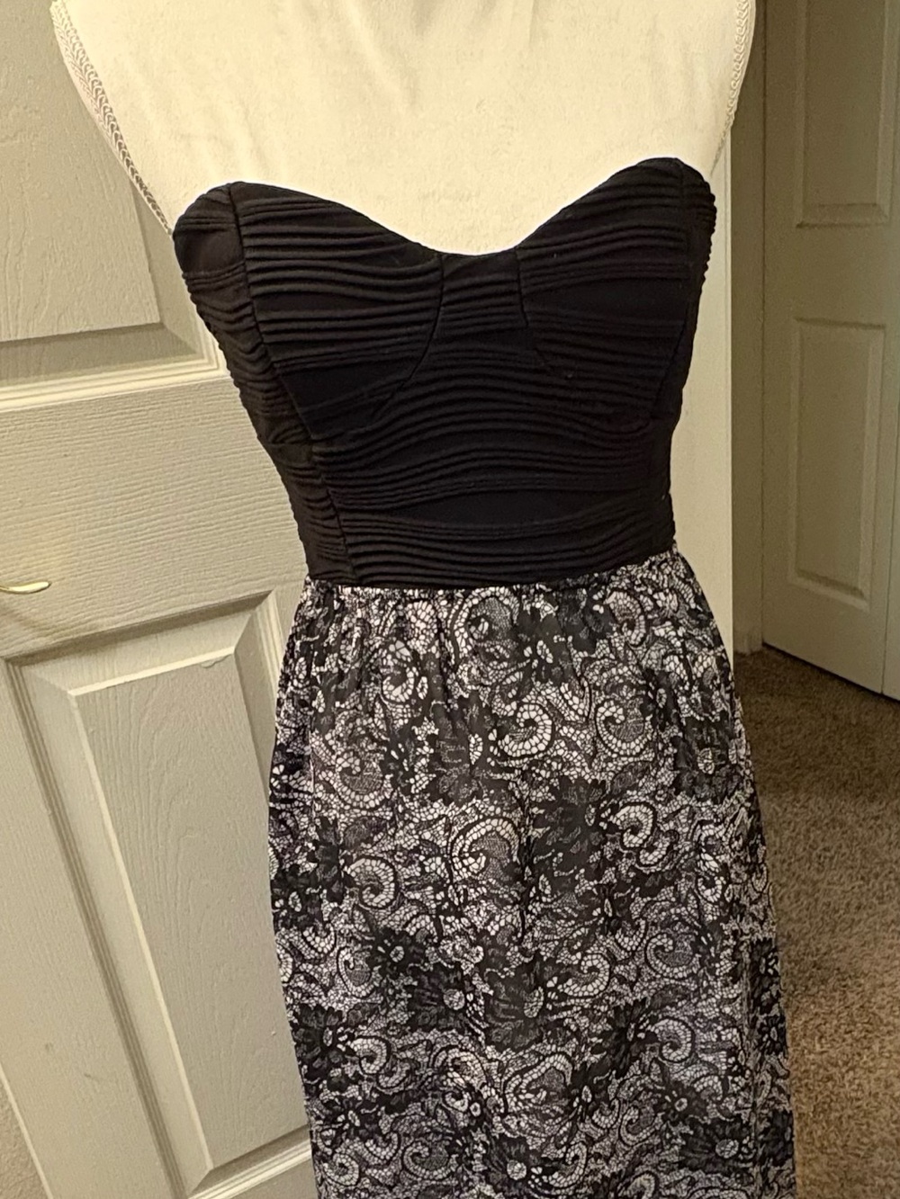 BONGO Strapless Black Bodice with Black and White Lace-Print Skirt Dress
